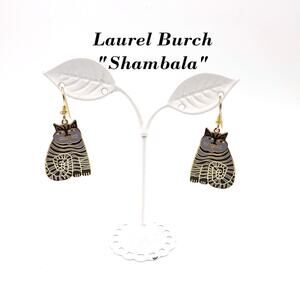 Laurel Burch Shambala Cat Earrings, Black Lavender Enamel, Gold Plated, 1980s